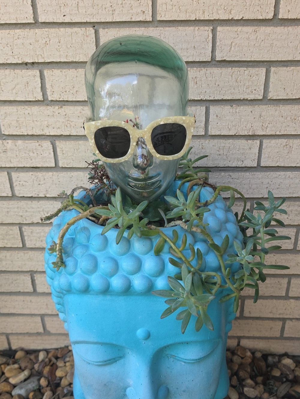 Gucci Turquoise Buddha Sculpture Planter with Green Succulents Unsex